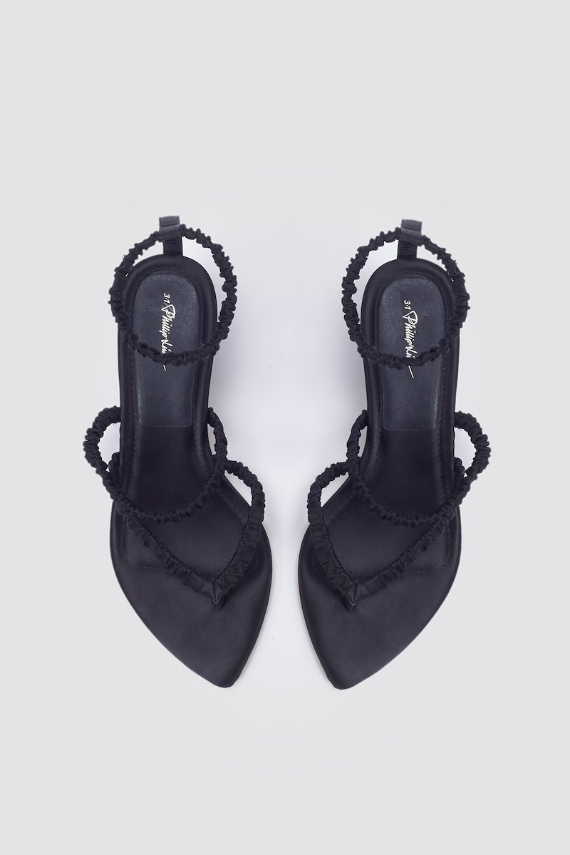 Verona Ankle Strap Sandal-black #1 Verona Ankle Strap Sandal, Black satin Verona 60mm strappy satin sandals from 3.1 PHILLIP LIM featuring pointed toe, thong strap, branded insole, mid heel, multi strap design and elasticated straps.- 3