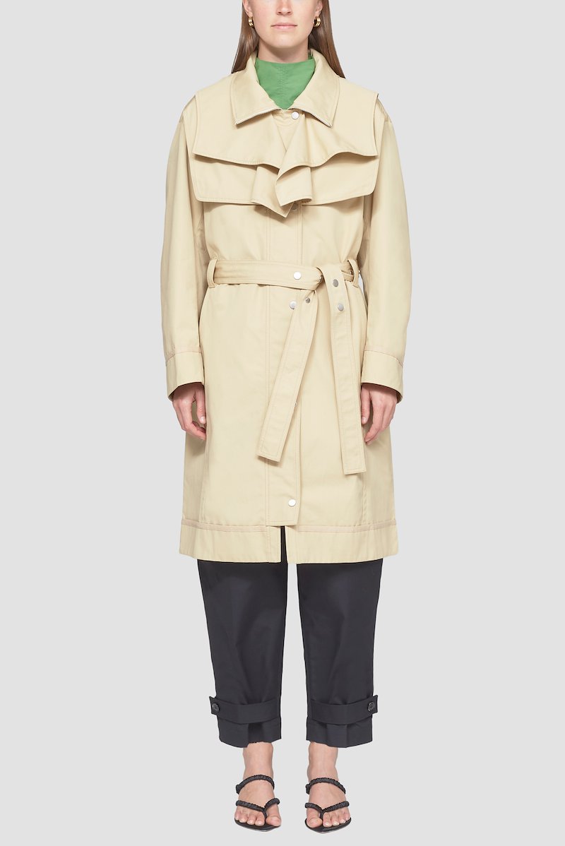 Hooded Trench Coat-brown #1 Hooded Trench Coat, hooded cotton trench coat from 3.1 PHILLIP LIM featuring sand brown, cotton, classic hood, spread collar, layered design, front press-stud fastening, belted waist, long sleeves and straight hem.- 3