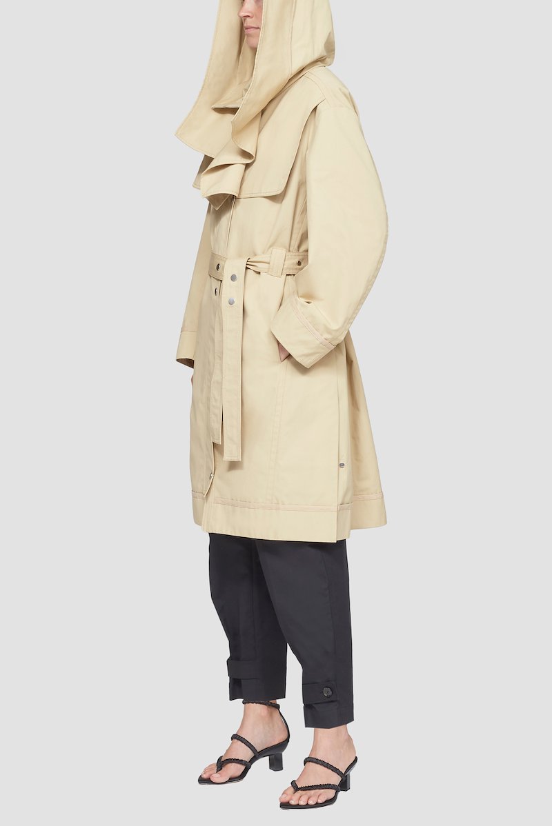 Hooded Trench Coat-brown #1 Hooded Trench Coat, hooded cotton trench coat from 3.1 PHILLIP LIM featuring sand brown, cotton, classic hood, spread collar, layered design, front press-stud fastening, belted waist, long sleeves and straight hem.- 7