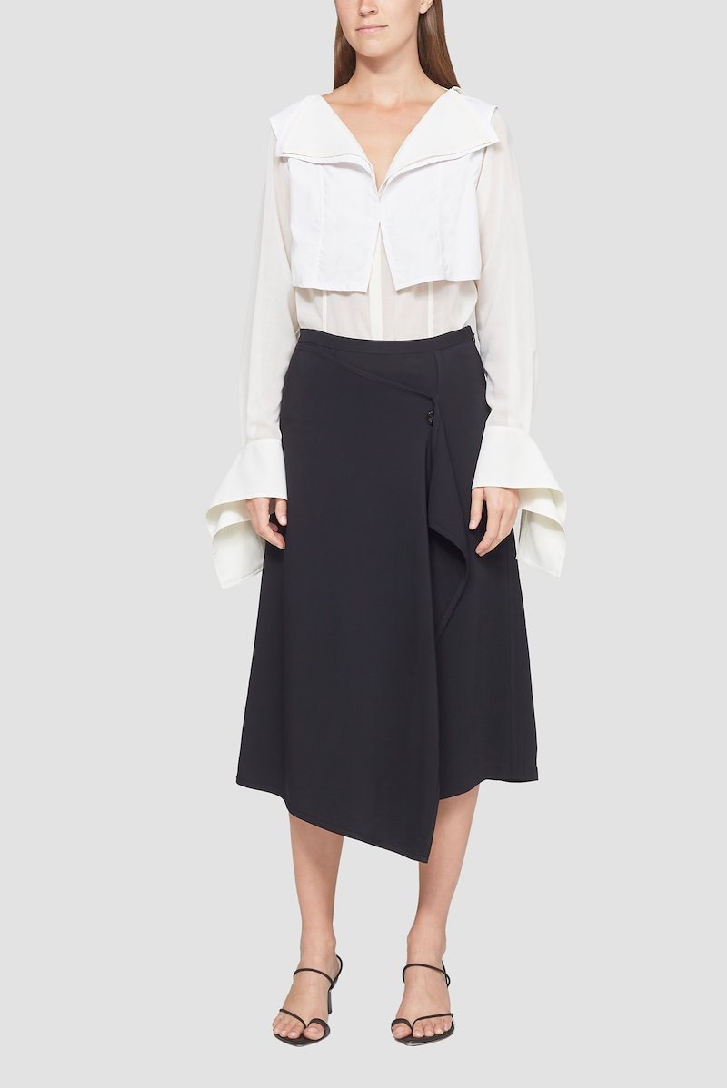 Wrap Effect Skirt, Black high-waisted midi wrap skirt from 3.1 PHILLIP LIM featuring off-centre front button fastening, draped detailing and asymmetric hem.- 0