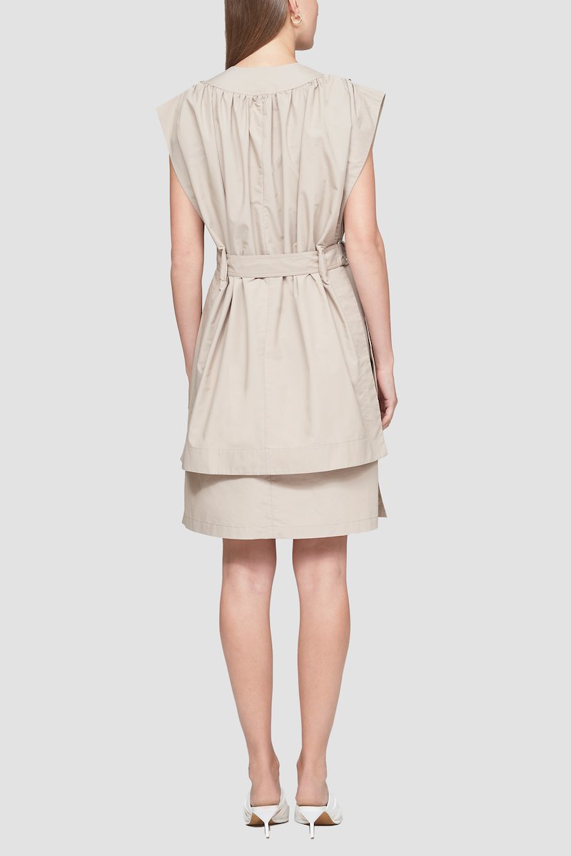 Sleeveless V-Neck Dress-neutrals #1 Sleeveless V-Neck Dress, khaki beige cotton-blend layered design draped detailing V-neck belted waist sleeveless straight hem knee-length- 3