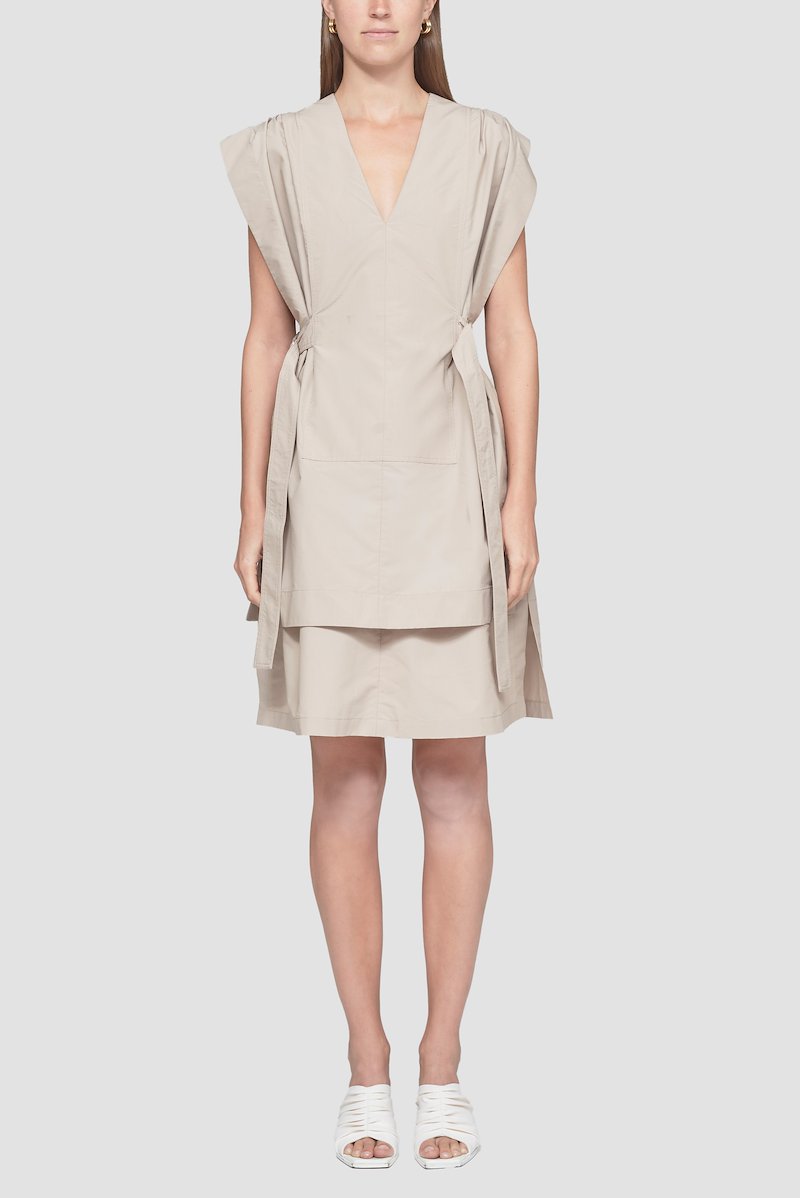 Sleeveless V-Neck Dress-neutrals #1 Sleeveless V-Neck Dress, khaki beige cotton-blend layered design draped detailing V-neck belted waist sleeveless straight hem knee-length- 1