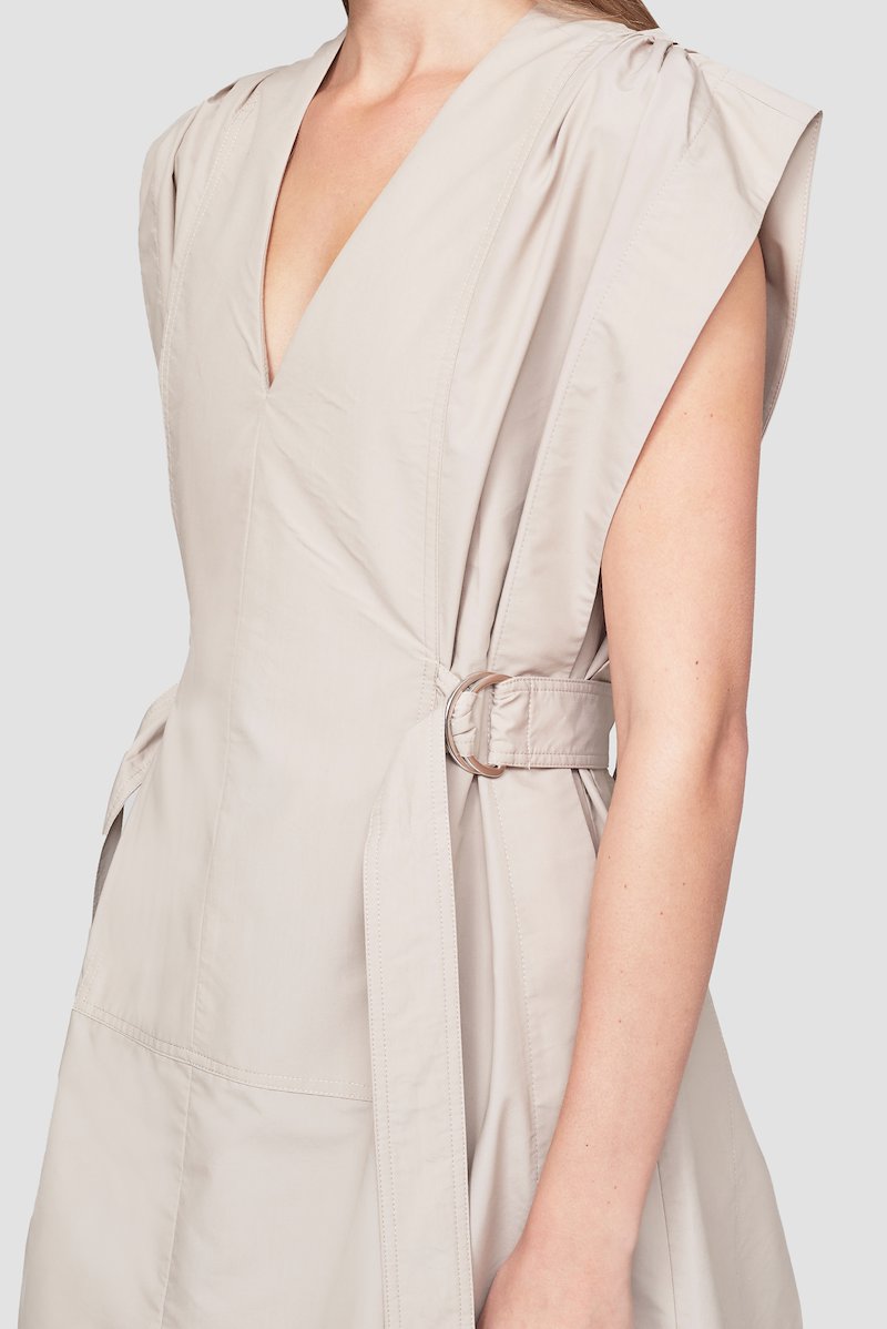 Sleeveless V-Neck Dress-neutrals #0 Sleeveless V-Neck Dress, khaki beige cotton-blend layered design draped detailing V-neck belted waist sleeveless straight hem knee-length- 4
