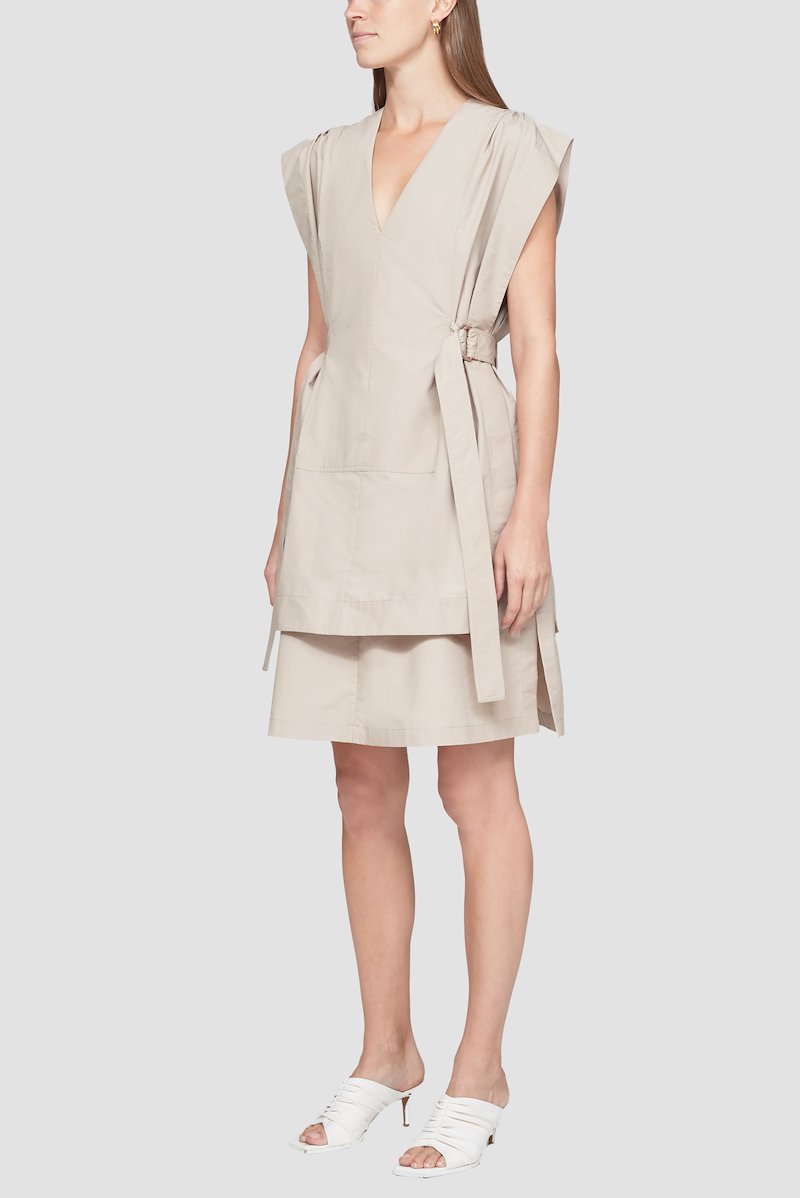 Sleeveless V-Neck Dress-neutrals #0 Sleeveless V-Neck Dress, khaki beige cotton-blend layered design draped detailing V-neck belted waist sleeveless straight hem knee-length- 2