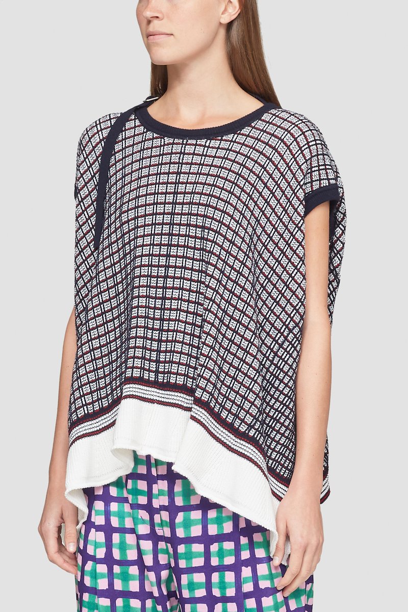 Plaid Knit Jacquard Cap Sleeve Top-blue #1 Plaid Knit Jacquard Cap Sleeve Top, null- 1