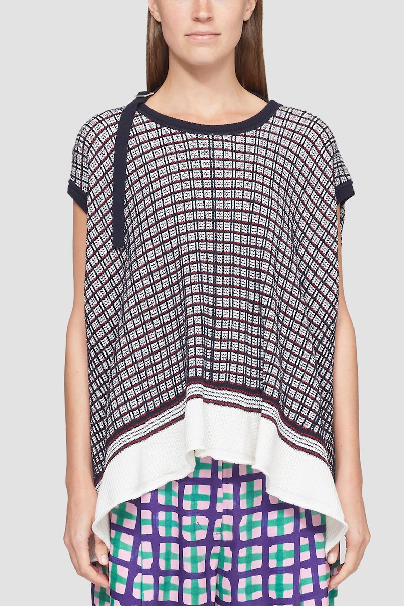 Plaid Knit Jacquard Cap Sleeve Top-blue #0 Plaid Knit Jacquard Cap Sleeve Top, null- 2