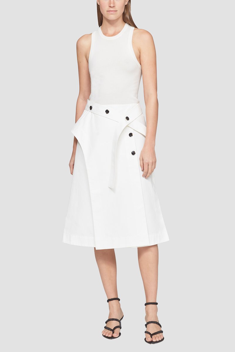 Structured A-Line Skirt-white #1 Structured A-Line Skirt, buttoned-belt panel A-line skirt from 3.1 PHILLIP LIM featuring white, cotton, overlapping panel, asymmetric front button fastening, A-line and wrap design.- 5