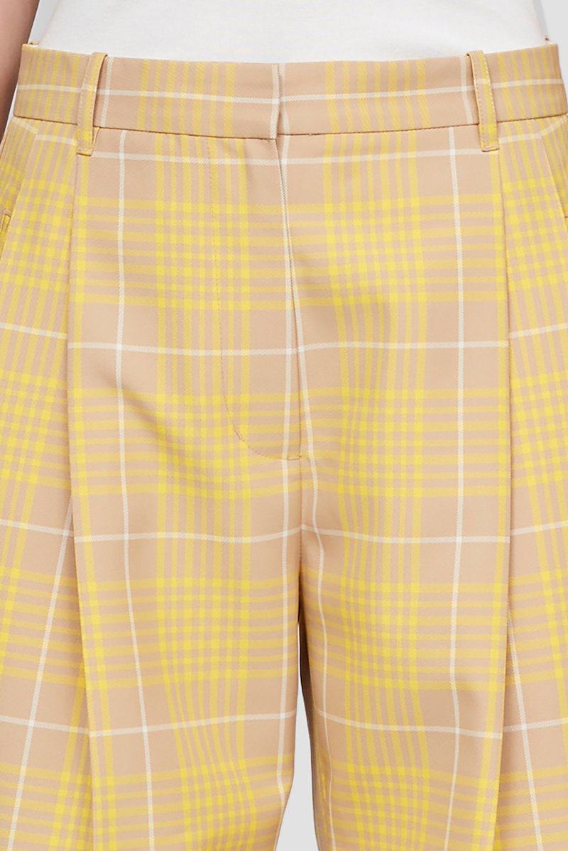 Plaid Straight Leg Trouser-yellow #0 Plaid Straight Leg Trouser, Yellow/pink plaid jacquard straight leg trousers from 3.1 PHILLIP LIM featuring high-waisted, concealed front fastening, belt loops, two side inset pockets, tonal stitching, pleat detailing and rear flap pocket.- 4