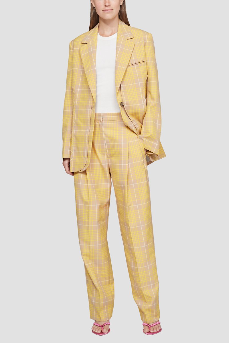 Plaid Straight Leg Trouser-yellow #1 Plaid Straight Leg Trouser, Yellow/pink plaid jacquard straight leg trousers from 3.1 PHILLIP LIM featuring high-waisted, concealed front fastening, belt loops, two side inset pockets, tonal stitching, pleat detailing and rear flap pocket.- 1