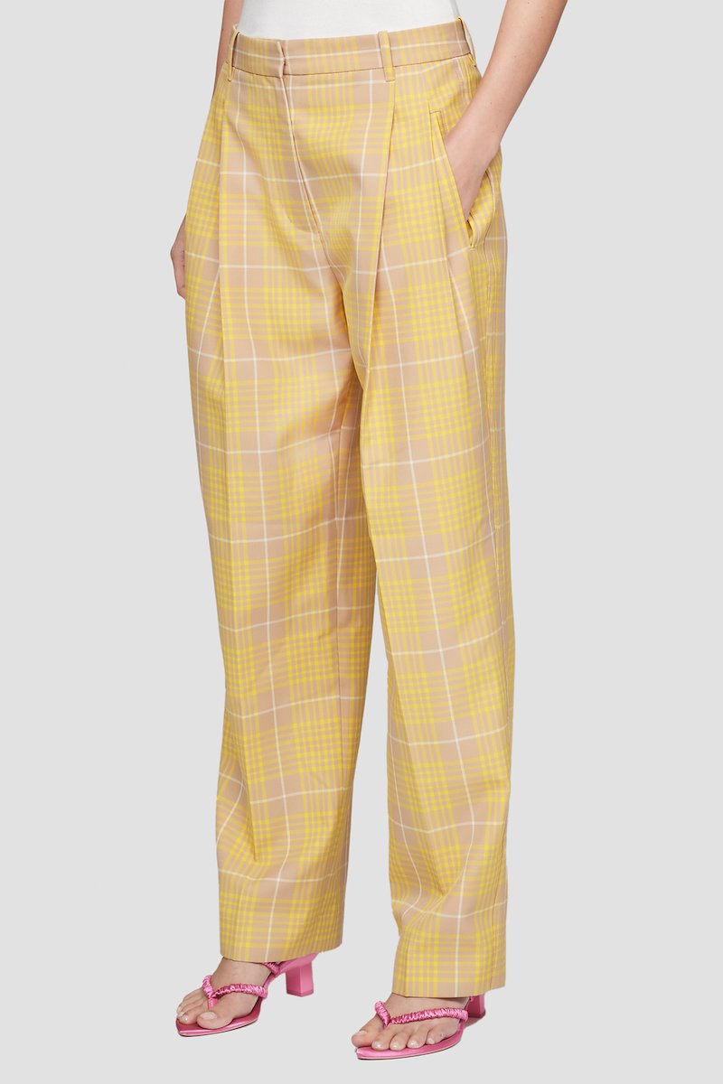 Plaid Straight Leg Trouser-yellow #0 Plaid Straight Leg Trouser, Yellow/pink plaid jacquard straight leg trousers from 3.1 PHILLIP LIM featuring high-waisted, concealed front fastening, belt loops, two side inset pockets, tonal stitching, pleat detailing and rear flap pocket.- 2