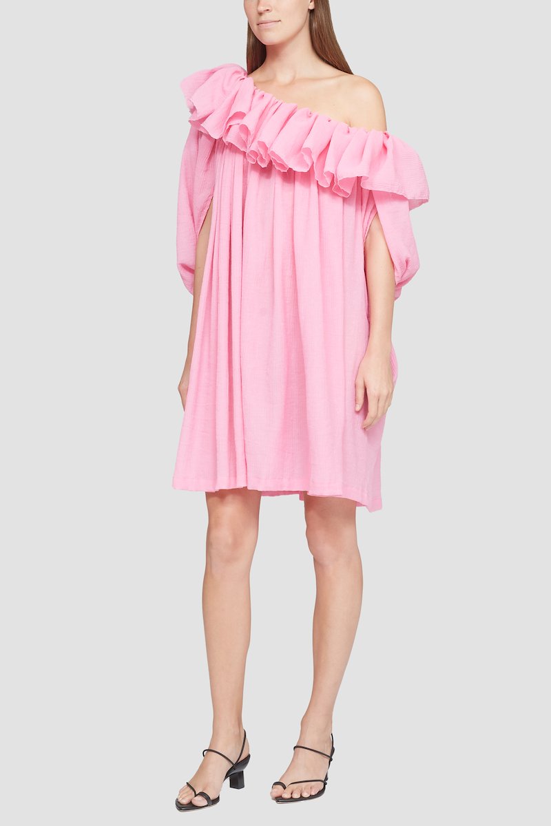One Shoulder Ruffled Dress, rose pink cotton blend seersucker weave fully pleated fully ruffled off-shoulder long sleeves- 2