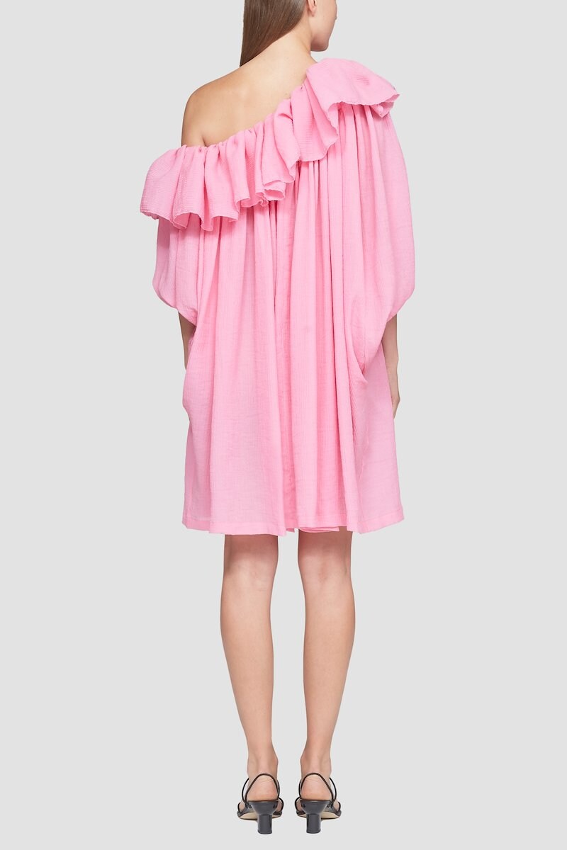 One Shoulder Ruffled Dress, rose pink cotton blend seersucker weave fully pleated fully ruffled off-shoulder long sleeves- 3