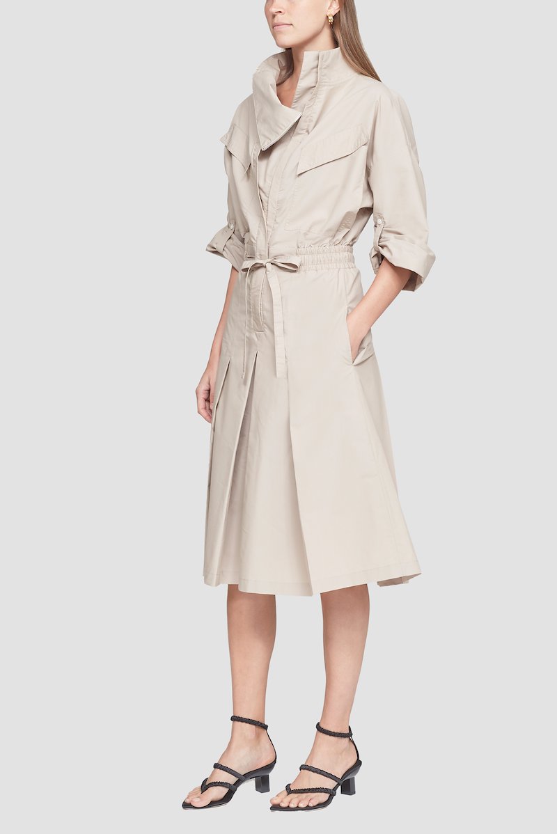 Zip-Up Culotte Jumpsuit-green #0 Zip-Up Culotte Jumpsuit, Khaki beige cotton blend zip-up culotte jumpsuit from 3.1 PHILLIP LIM featuring poplin weave, funnel neck, gusset detail, elasticated drawstring waistband, long wide sleeves, two chest flap pockets, two side inset pockets, culotte design, cropped and concealed front zip fastening.- 2
