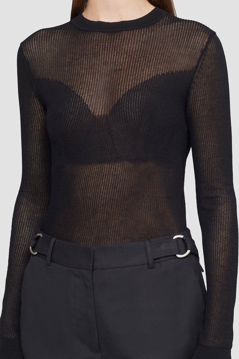 Long Sleeve Bustier Effect Crewneck Top-black #1 Long Sleeve Bustier Effect Crewneck Top, Black cotton blend semi-sheer fine knit top from 3.1 PHILLIP LIM featuring fine knit, semi-sheer construction, round neck, long sleeves, straight hem and ribbed-knit edge.- 3