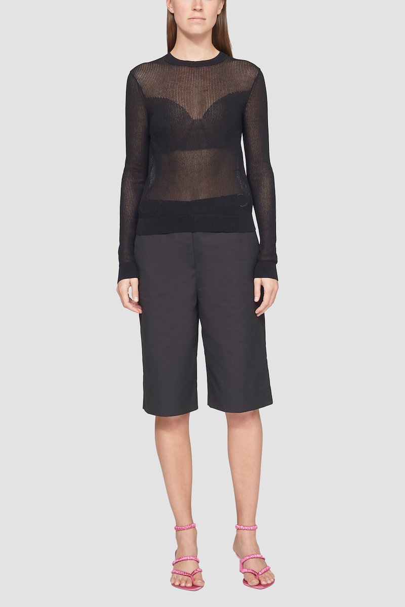 Long Sleeve Bustier Effect Crewneck Top-black #0 Long Sleeve Bustier Effect Crewneck Top, Black cotton blend semi-sheer fine knit top from 3.1 PHILLIP LIM featuring fine knit, semi-sheer construction, round neck, long sleeves, straight hem and ribbed-knit edge.- 4