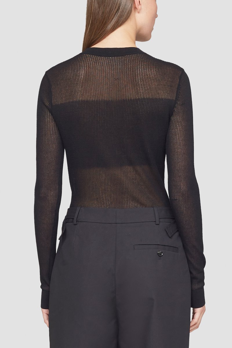 Long Sleeve Bustier Effect Crewneck Top-black #0 Long Sleeve Bustier Effect Crewneck Top, Black cotton blend semi-sheer fine knit top from 3.1 PHILLIP LIM featuring fine knit, semi-sheer construction, round neck, long sleeves, straight hem and ribbed-knit edge.- 2
