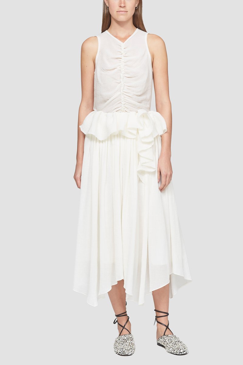 Plissé Voile Draped Skirt-white #0 Plissé Voile Draped Skirt, Ecru white cotton blend plissé petal drape skirt from 3.1 PHILLIP LIM featuring high-waisted, concealed rear zip fastening, draped detailing, layered design and asymmetric hem.- 0