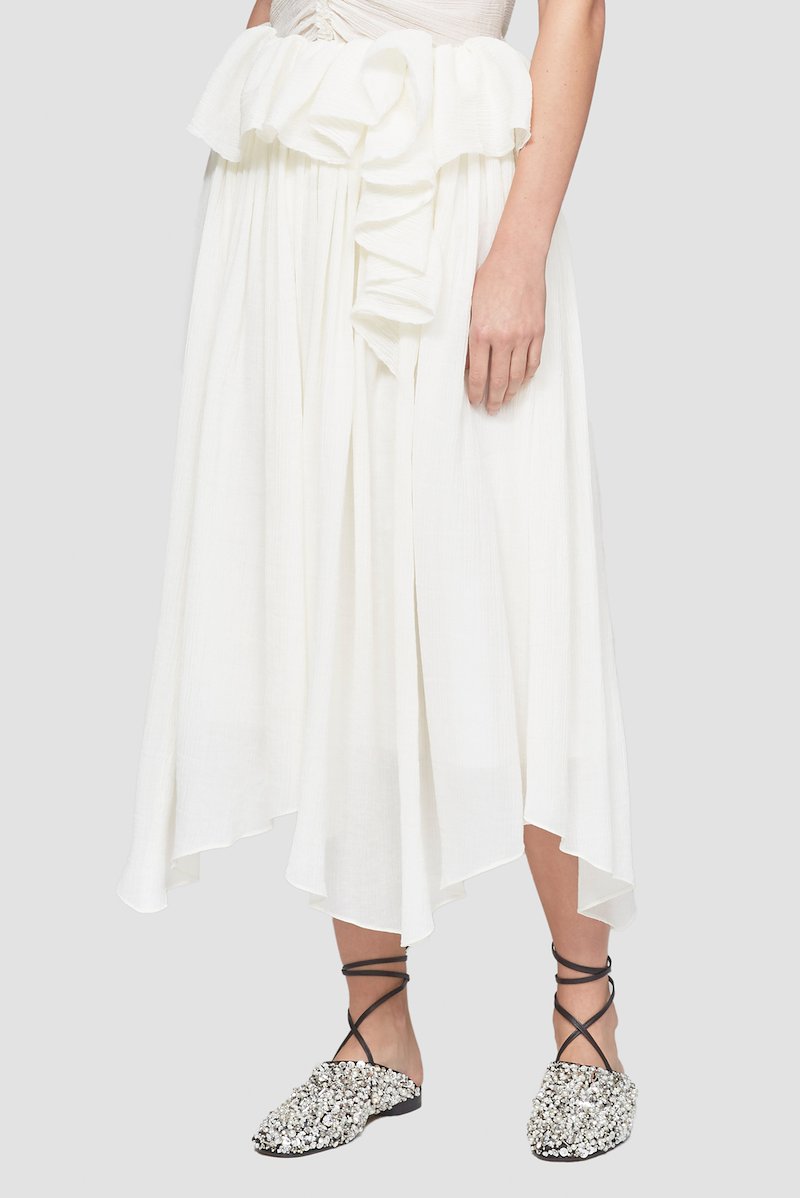 Plissé Voile Draped Skirt-white #0 Plissé Voile Draped Skirt, Ecru white cotton blend plissé petal drape skirt from 3.1 PHILLIP LIM featuring high-waisted, concealed rear zip fastening, draped detailing, layered design and asymmetric hem.- 2