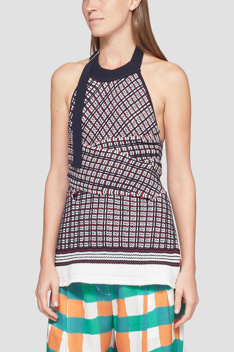 Plaid Knit Jacquard Halter Top-blue #0 Plaid Knit Jacquard Halter Top, null- 2
