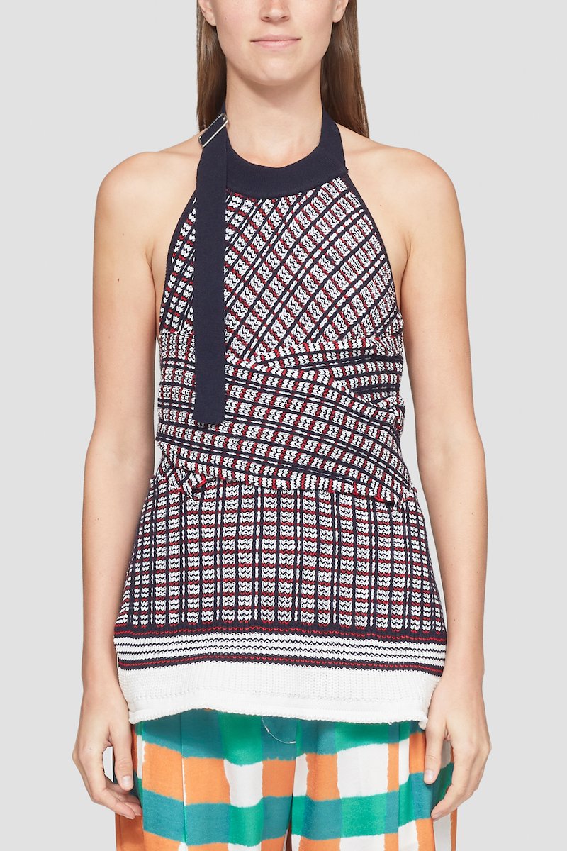 Plaid Knit Jacquard Halter Top-blue #1 Plaid Knit Jacquard Halter Top, null- 1