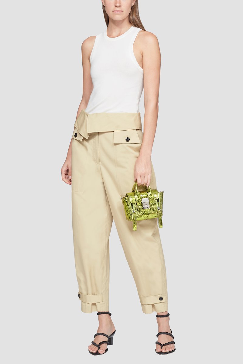 Utility Cropped Pant-brown #0 Utility Cropped Pant, sand beige cotton high waist foldover top front flap pockets straight leg cropped belted cuffs- 0