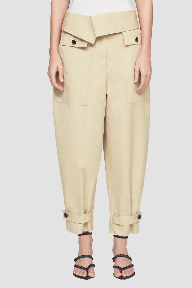 Utility Cropped Pant-brown #1 Utility Cropped Pant, sand beige cotton high waist foldover top front flap pockets straight leg cropped belted cuffs- 1