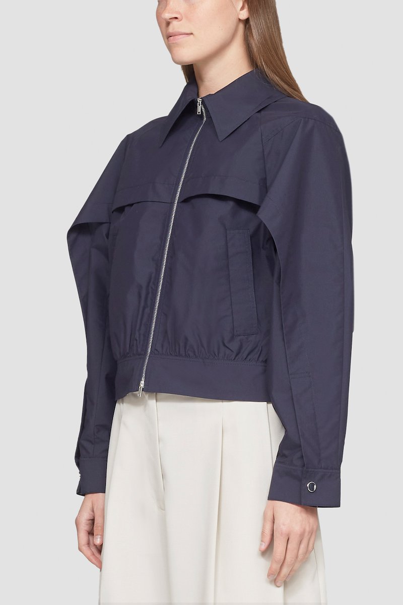 Utility Boxy Jacket-blue #0 Utility Boxy Jacket, Midnight blue cotton blend cape-sleeves boxy zip-up jacket from 3.1 PHILLIP LIM featuring poplin weave, cape design, pointed flat collar, front two-way zip fastening, two side inset pockets, long sleeves, press-stud fastening cuffs and straight hem.- 2