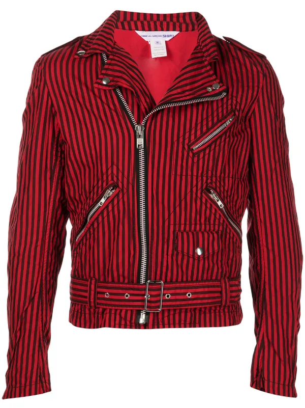 Comme Des Garçons Shirt Belted stripe-print Biker Jacket - Farfetch