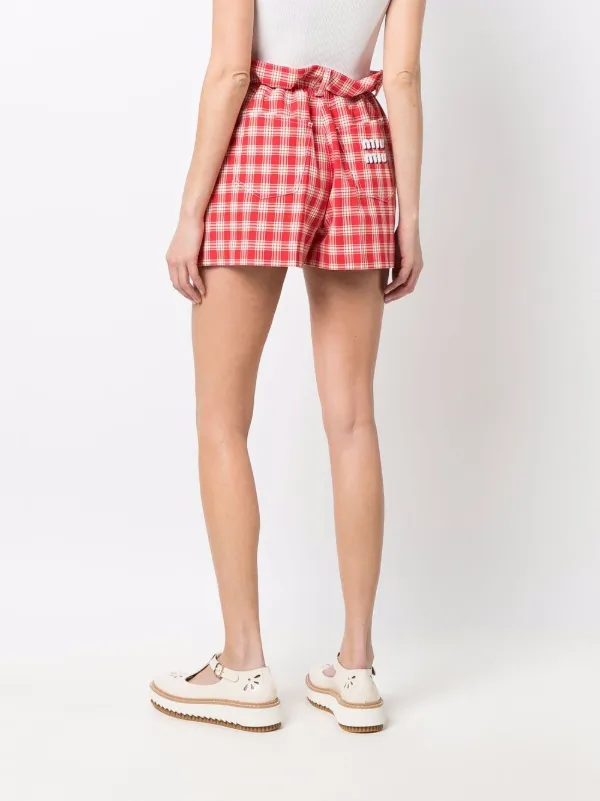 Miu Miu Paperbag Waist Checked Shorts Women Viscose Cotton 36S Red