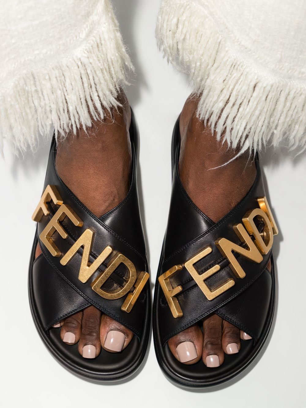 FENDI logo-plaque leather slides Black