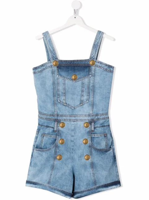 Balmain Kids embossed-button denim playsuit