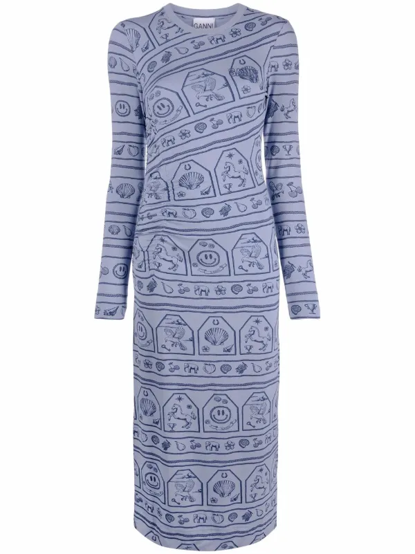 Ganni Zodiac Logo-print Stretch-jersey Dress - Blue