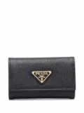 Prada triangle logo Saffiano-leather keyring case - Black