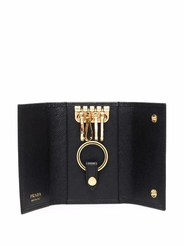 ★Prada Saffiano Leather Triangle Logo Keychain Black★ Prada Triangle Logo Saffiano-leather Keyring Case | Black