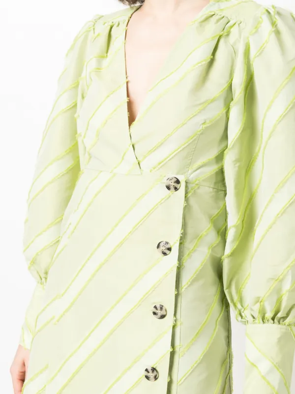 ★Ganni★ Puff sleeve V-neck striped dress light green F6582 Ganni Striped Collar Long Dress - Cream/Menthe | Garmentory