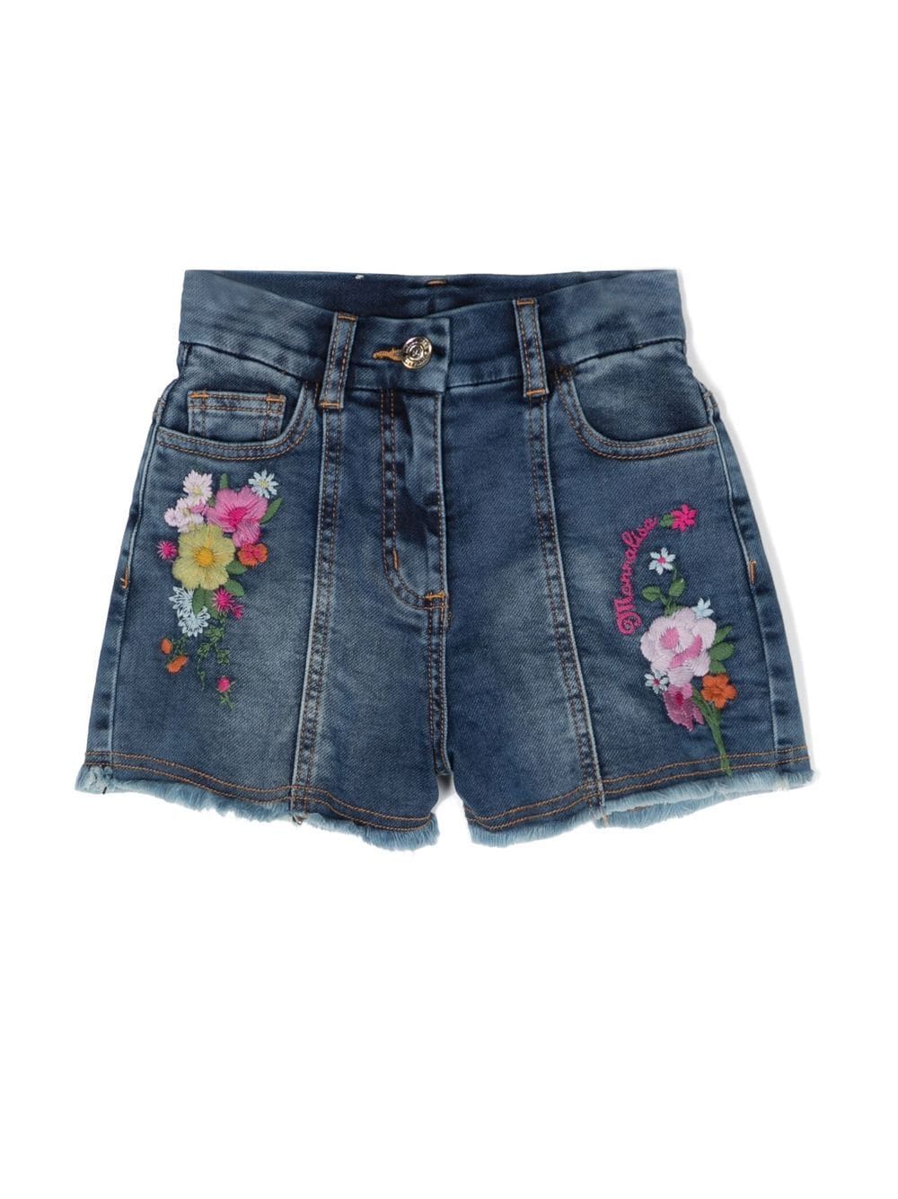 Monnalisa floral-embroidered denim shorts - Blue