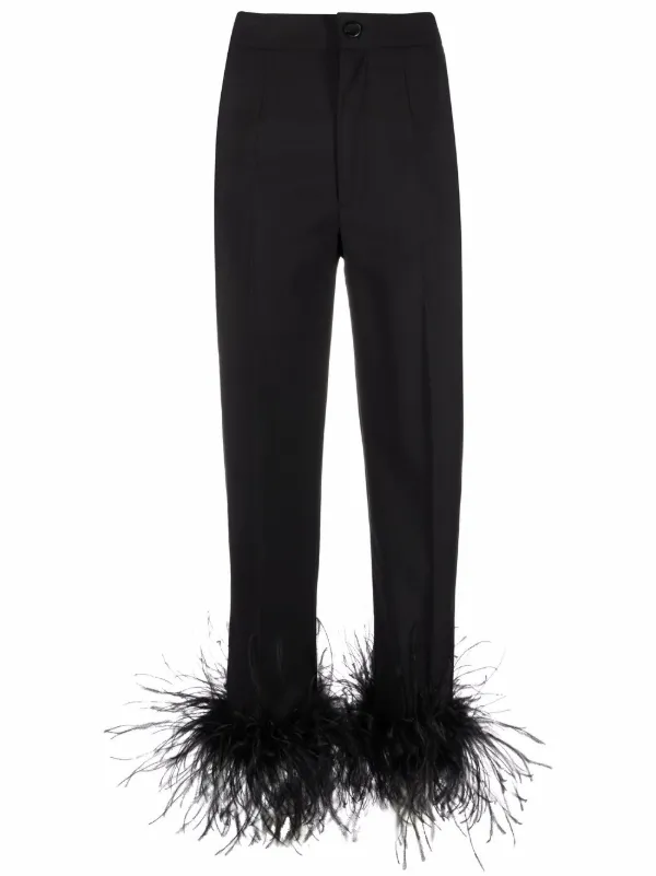 high-waist feather-trim Trousers - Farfetch