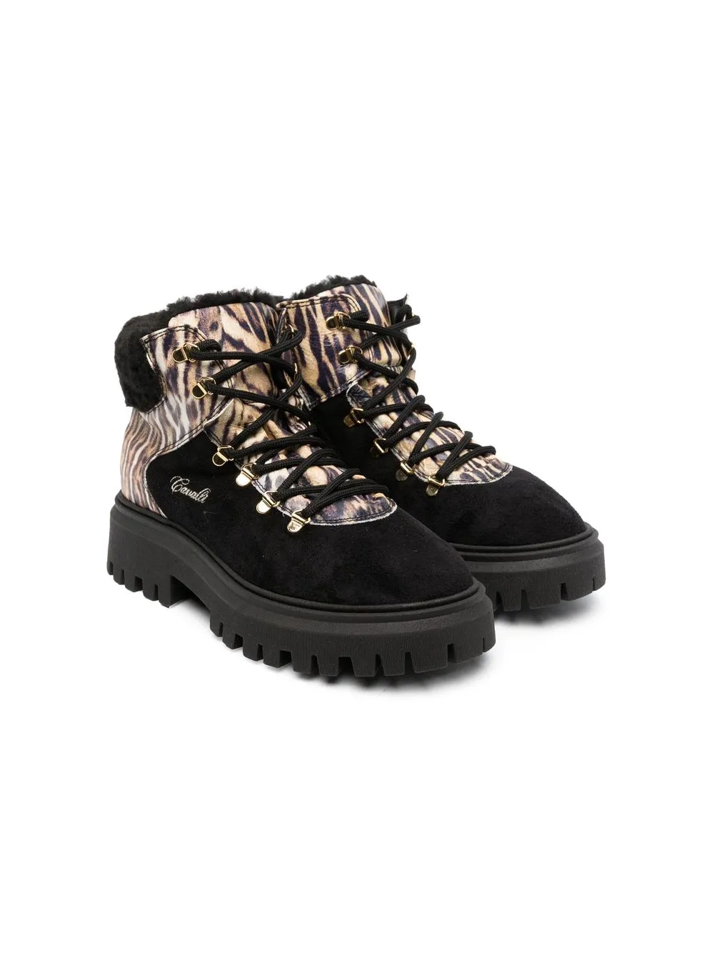 Roberto Cavalli Junior Kids' Tiger-print Leather Ankle Boots In Black