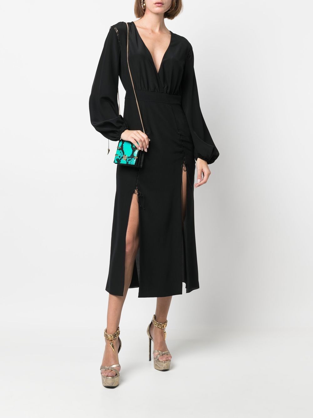 Shop Roberto Cavalli Front-slit Silk Midi Dress In Black