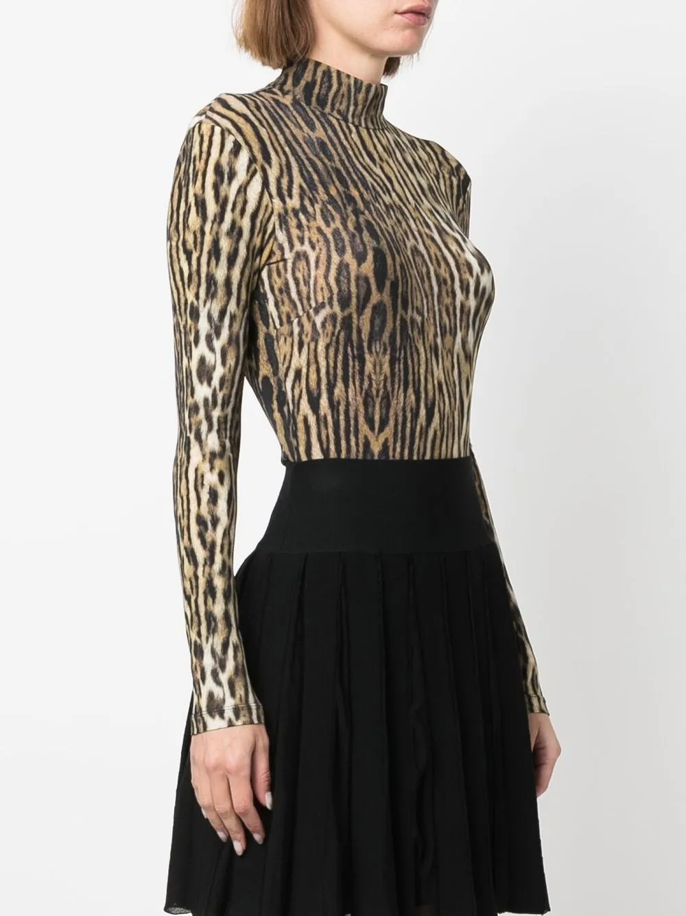 Roberto Cavalli Leopard-print Mock-neck Open-back Bodysuit In Neutrals