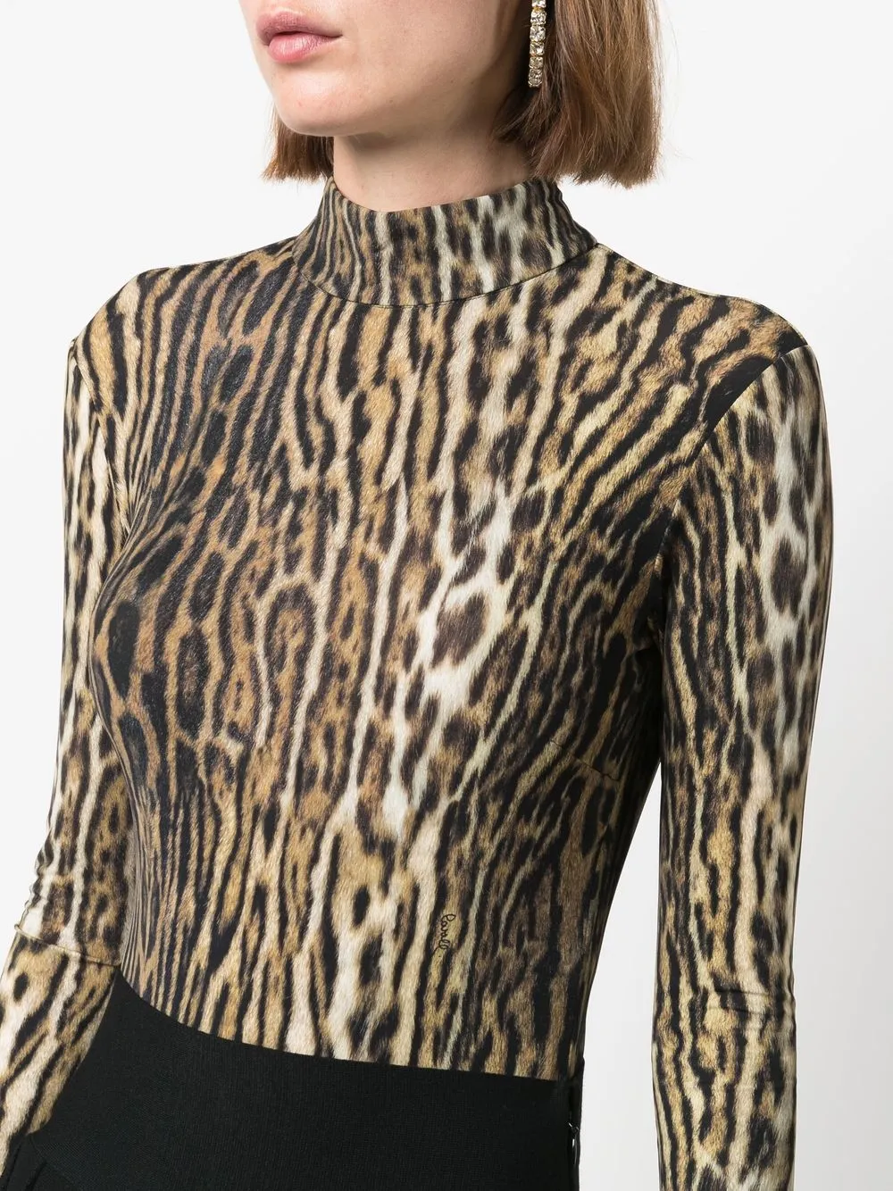 Roberto Cavalli Leopard-print Mock-neck Open-back Bodysuit In Neutrals