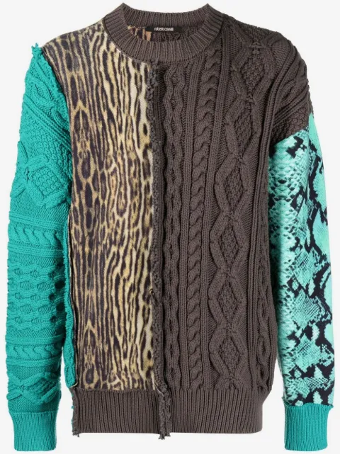 Roberto Cavalli patchwork-detail crew neck jumper