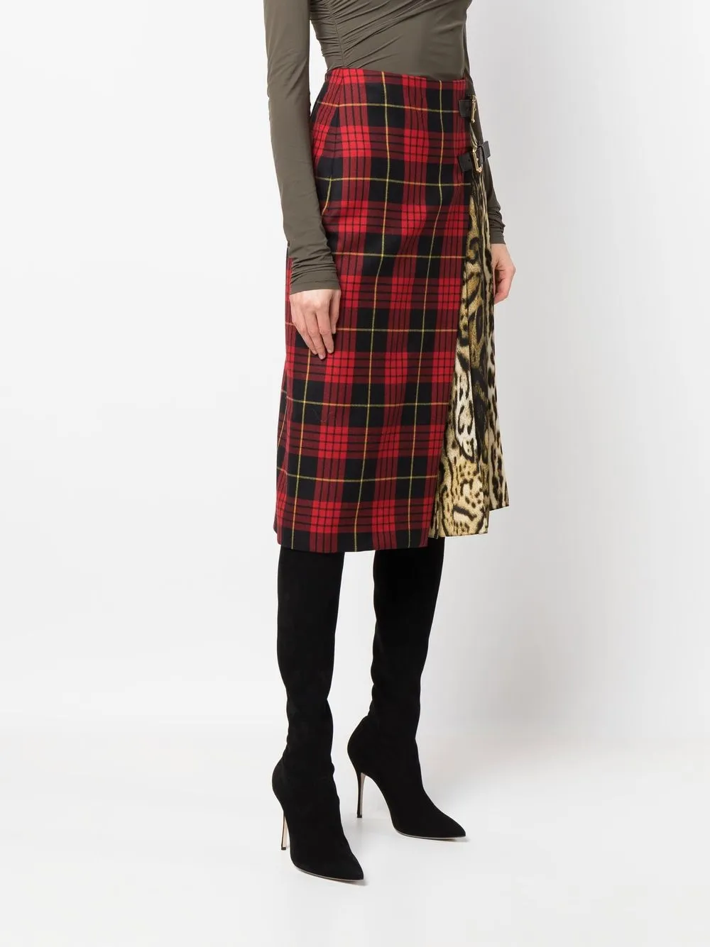 Roberto Cavalli Tartan And Ocelot-print Knee-length Skirt In Red
