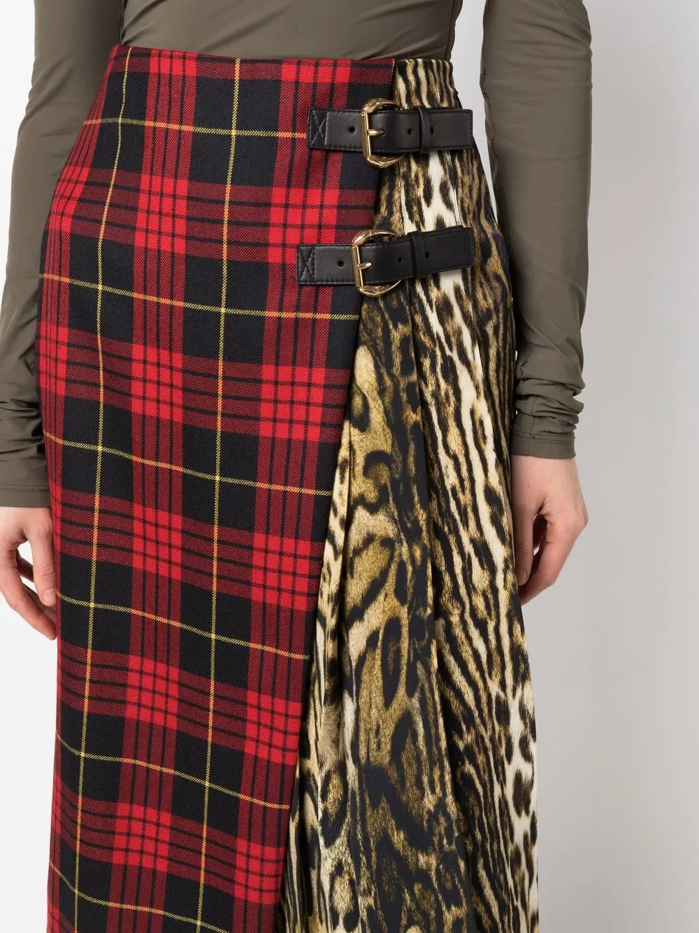 Roberto Cavalli Tartan And Ocelot-print Knee-length Skirt In Red