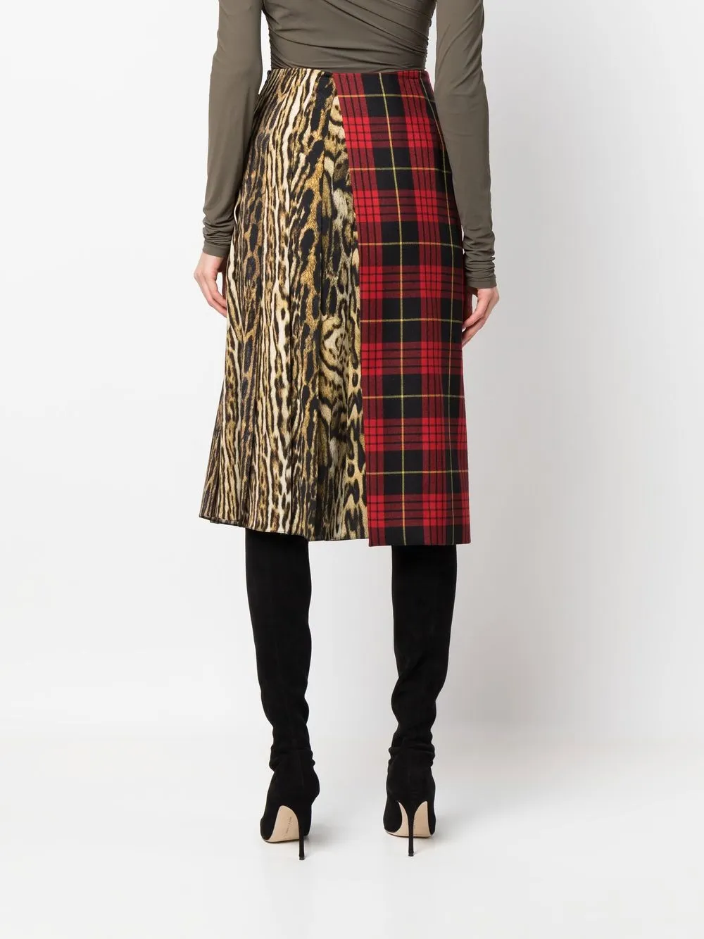 Roberto Cavalli Tartan And Ocelot-print Knee-length Skirt In Red