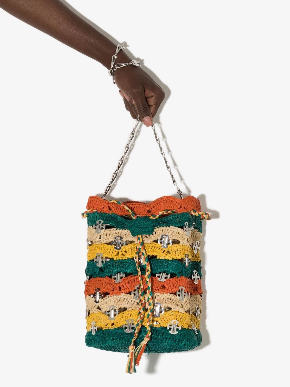 Embellished Raffia Bucket Bag in Multicoloured - Rabanne