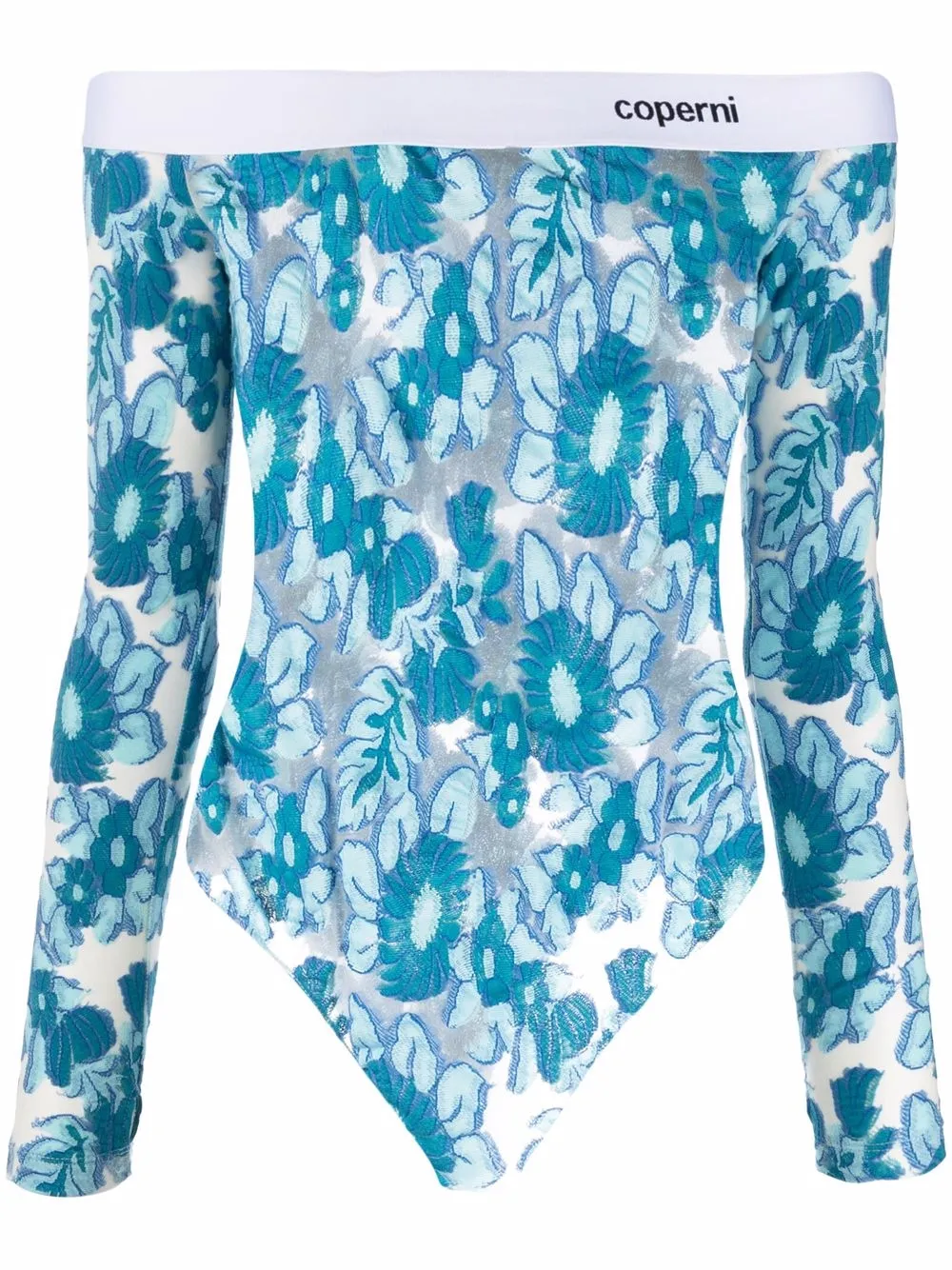 

Coperni floral-print off-shoulder bodysuit - Blue