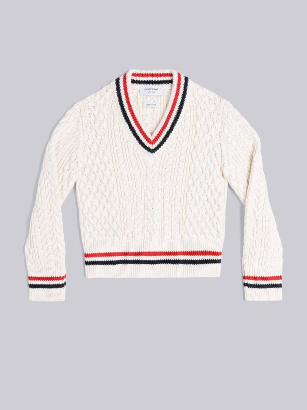 Thom Browne Kids' Aran Cable Cricket Stripe V-neck Pullover In White