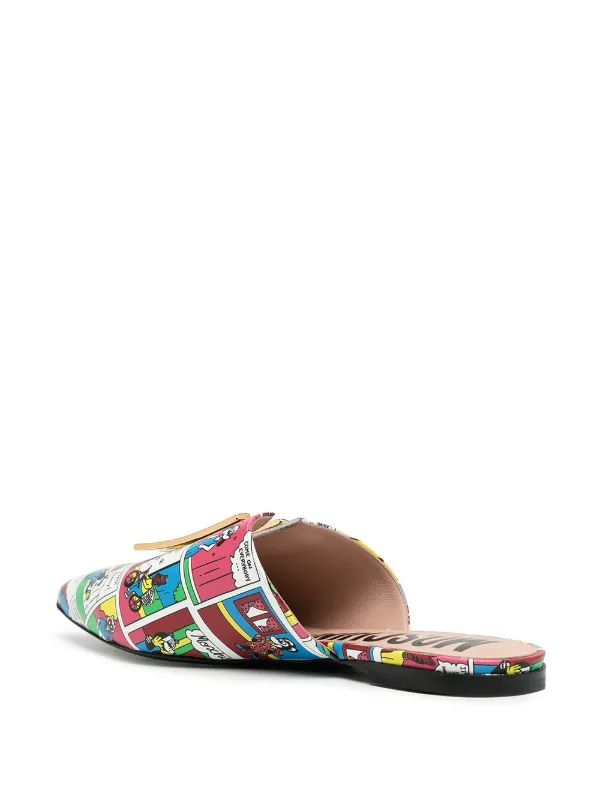 【関税＆送料込み】Moschino Slippers With Decoration Moschino comics-print Flat Slippers | White | FARFETCH