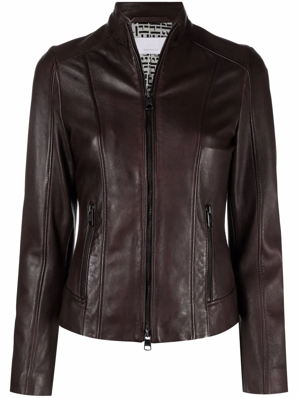 

BOSS band-collar zip-up leather - Brown